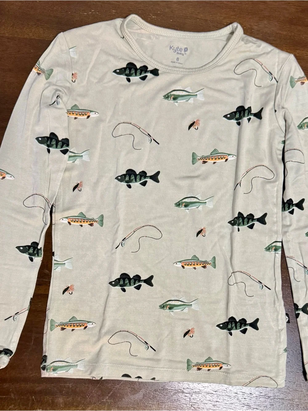 Kyte BABY Cream Long Sleeve Shirt with Fish & Fishing Rod Print